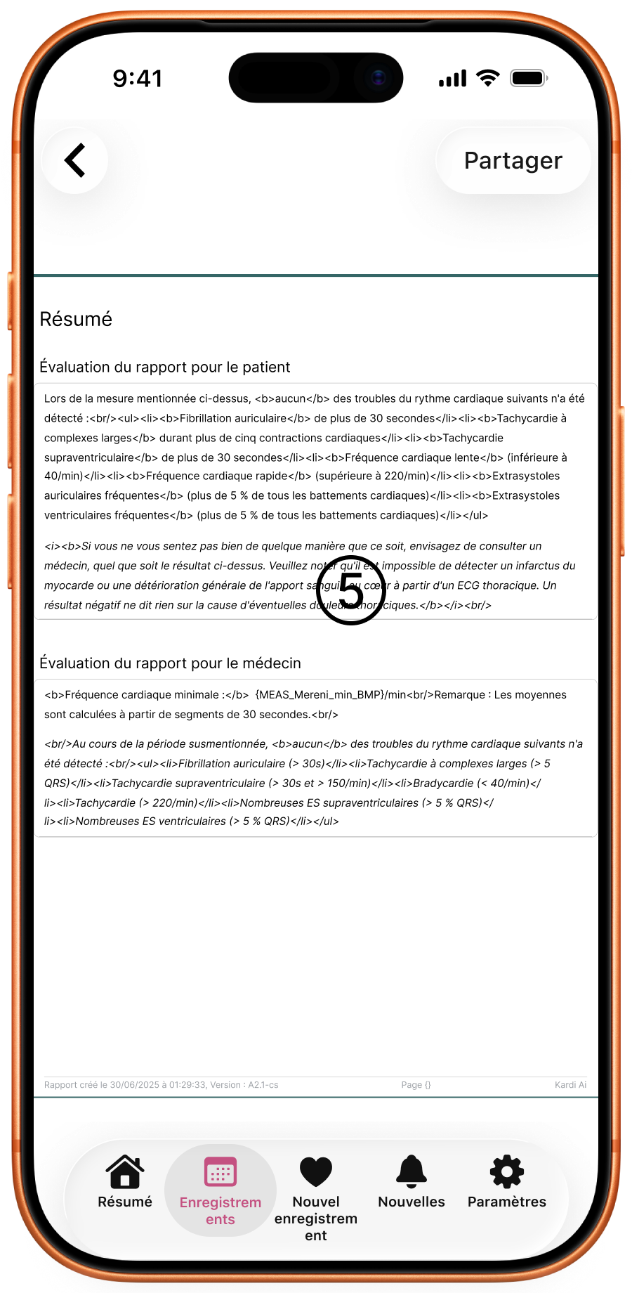 Page 3 du rapport – synthèse avec l’évaluation pour le patient et le médecin