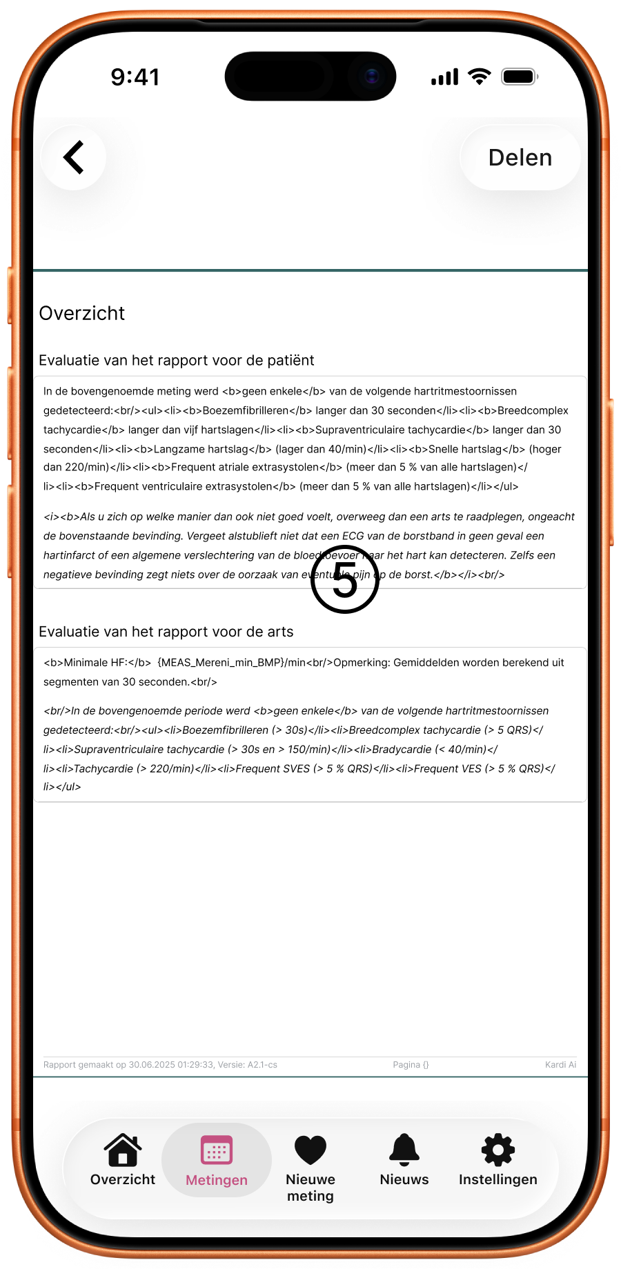 Pagina 3 van het rapport – samenvatting met de beoordeling voor de patiënt en de arts